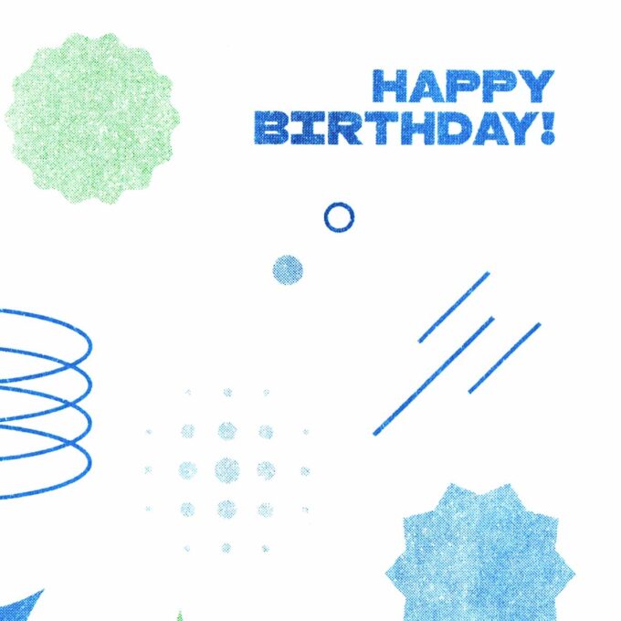 Happy Birthday Card with green and blue lines and shape design close up