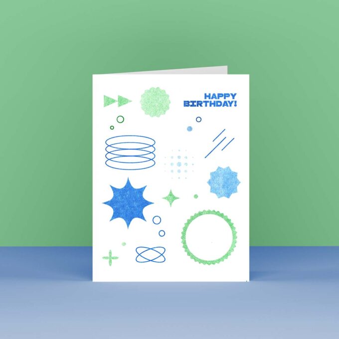 Happy Birthday Card with green and blue lines and shape design front view